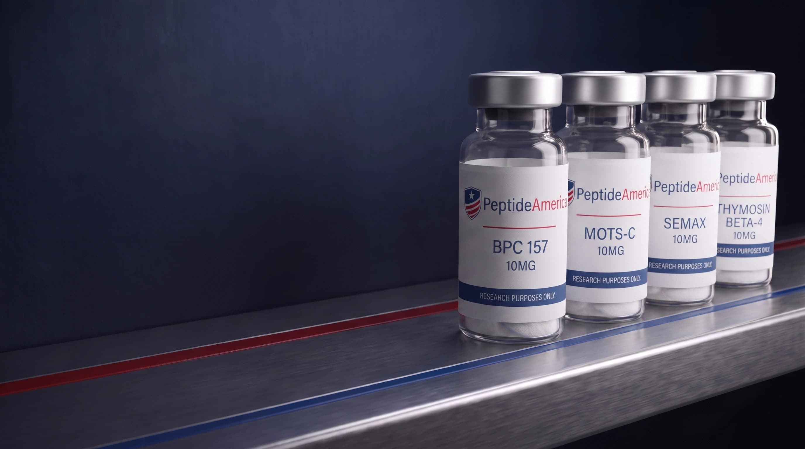 Peptide America research vials arranged on a precision metal surface with restrained red and blue inlays